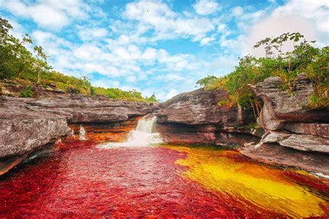 River Waterfall Colombia Cliff Clouds Water Red Shrubs Yellow