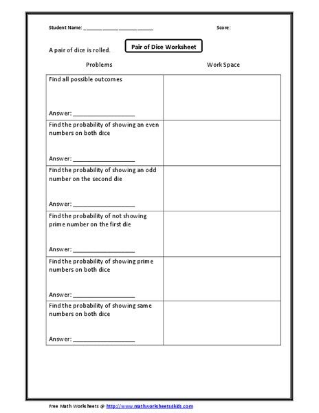 Pair Of Dice Activity Worksheet For 4th 5th Grade Lesson Planet