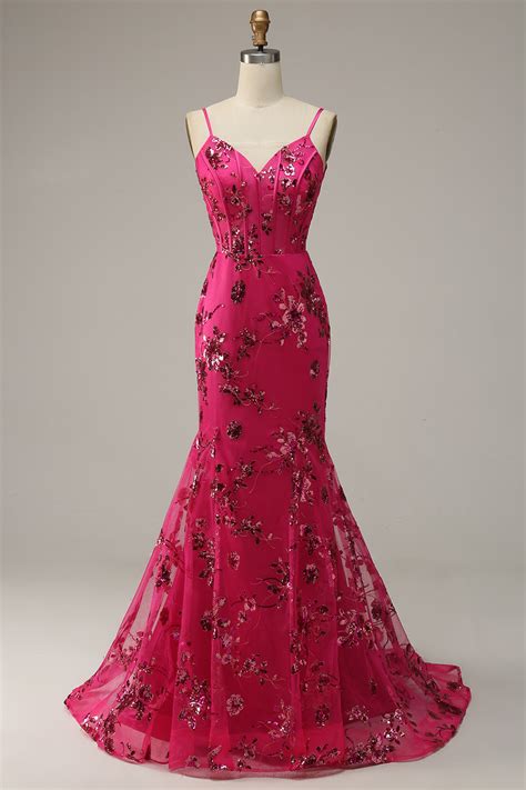 Zapakasa Women Hot Pink Sequin Print Mermaid Prom Dress Spaghetti