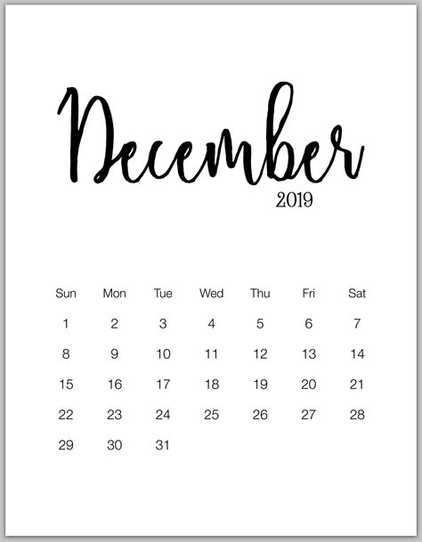 December 2019 Calendar Template Calendar Printables Minimalist