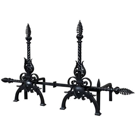 Pair 19th Century Country French Hand Forged Wrought Iron Andirons For