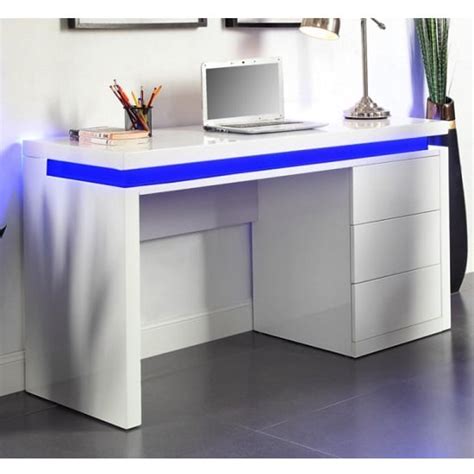 Emerson High Gloss Computer Desk In White With Led Lighting Furniture