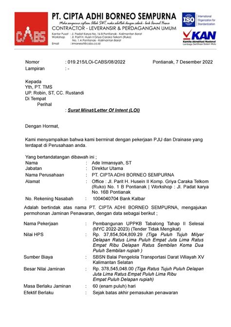 Surat Letter Of Intent Tulisan Minyak Bakar Surat Riset