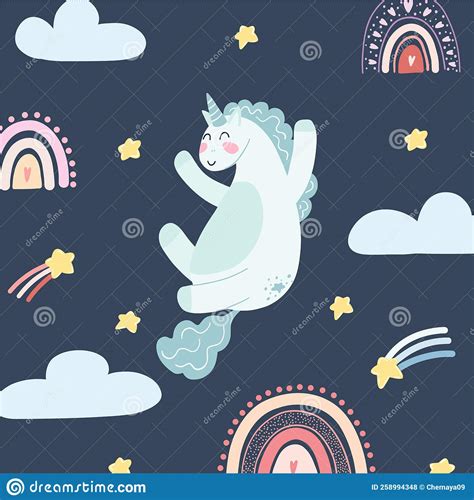 Cute Unicorn With Rainbows Falling Stars And Clouds In Cartoon Flat