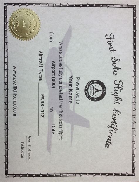 Avel Flight School First Solo Flight Certificate Avel Flight School