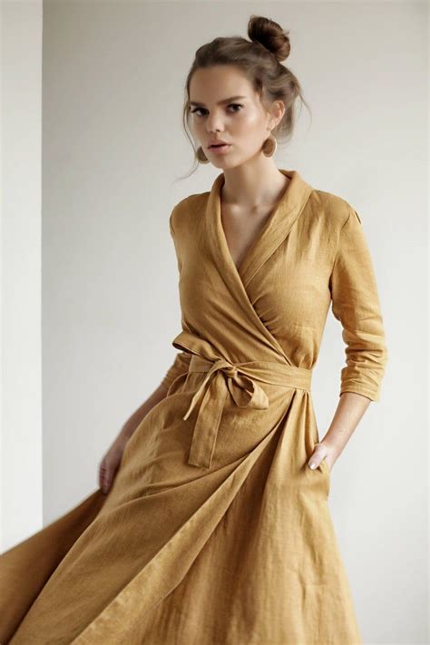 Image Long Linen Dress Versatile Outfits Long Sleeve Wrap Dress