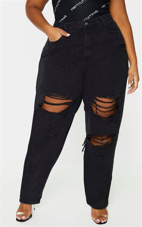 Plt Plus Washed Black Ripped Mom Jeans Prettylittlething