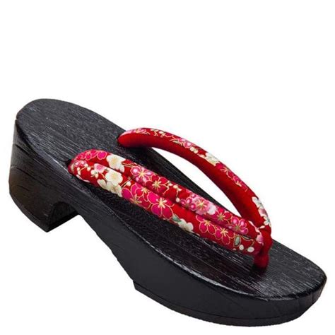 Geta Women High Heel Geta Wooden Sandals Red Base Floral Pattern Foxtume