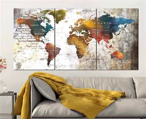 Large World Map Canvas Art,World Map Wall Art,World Map Art,World Map Pus Pin,World Map 3 Panels 