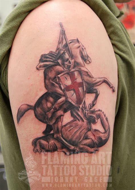 All of our artists study and practice artwork in multiple mediums such as watercolor painting, oil painting, and even colored pencils on a daily basis. St george shield tattoo | Tattooed by Johnny at; Flaming ...