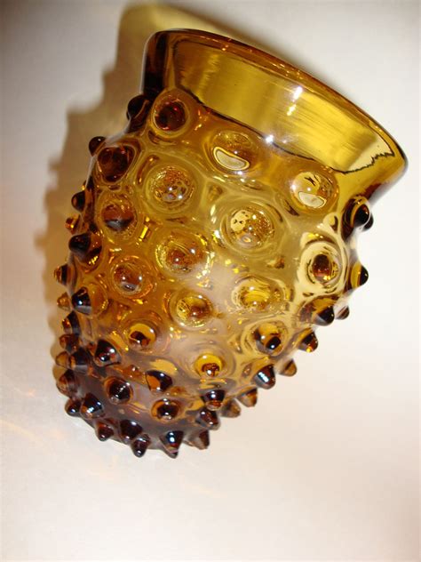 Vintage Amber Art Glass Hobnail Vase Bumpy