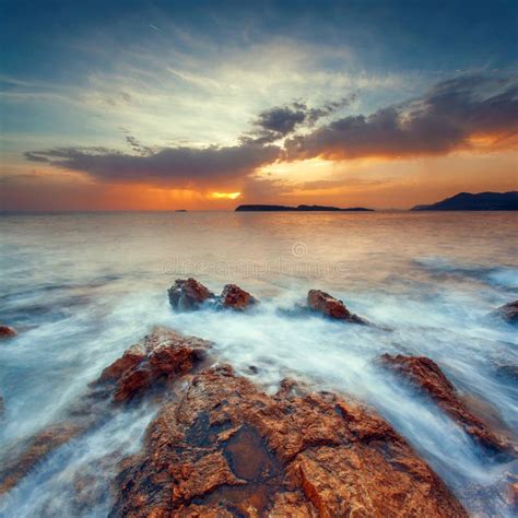 Beautiful Seascape Near Dubrovnik In The Adriatic Sea At Sunset Stock