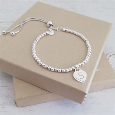 Sterling Silver Ball Slider Bracelet Engraved Initial Dainty Silver