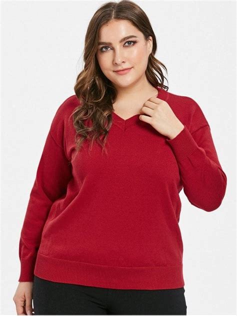 Plain Plus Size V Neck Sweater Red 2x Plus Size Sweaters Plus Size