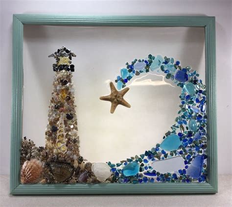 Lighthouse Seascape Sea Glass Wall Art Beach Glass Art Seashell Art