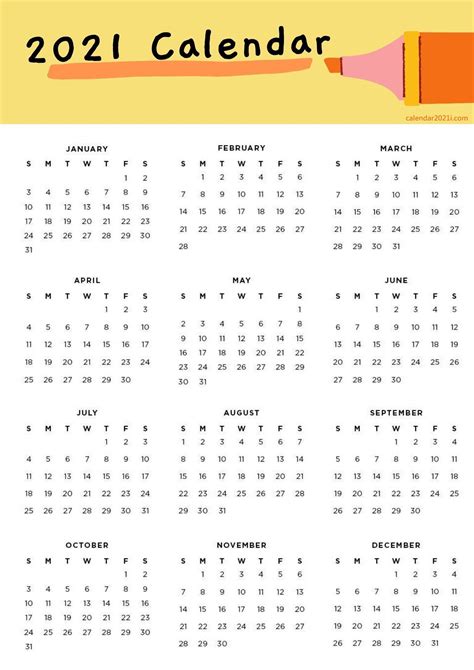 Yearly 2021 Calendar A4 Paper Size 2021 Calendar Planner Calendar A4