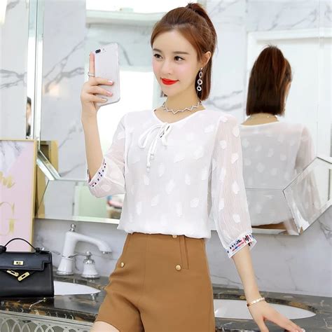 dot chiffon bow 3 4 sleeve blouses women elegant korean office casual fashion street shirts 2019