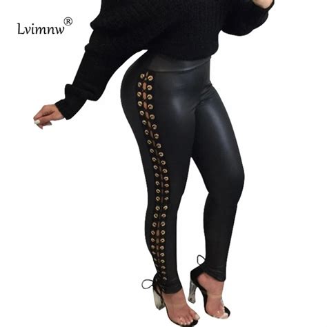 lvinmw sexy pu leather pants metal ring bandage party tight pants 2017 cross lace up bow long
