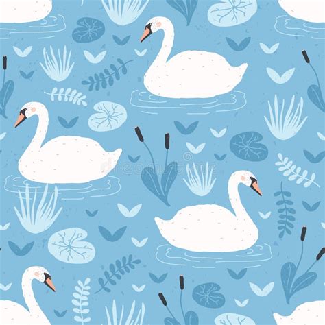 Seamless Pattern With White Swans Floating In Water Pond Or Lake Among