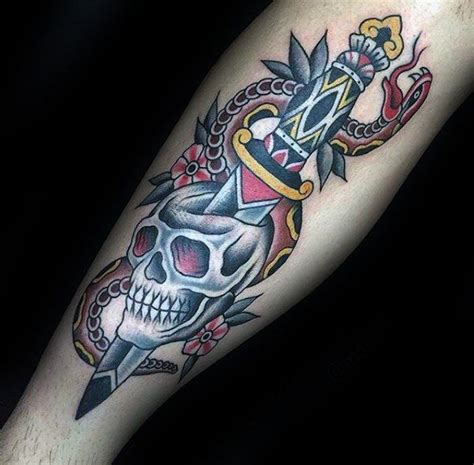 This cute tattoo design of a skull is more creative and artistic. Old School Mens Dagger Snake And Traditional Skull Forearm ...
