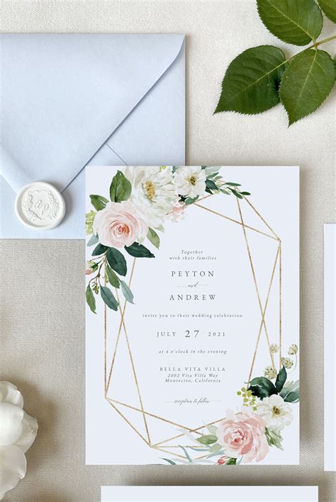 Bohemian Wedding Invitation Template Blush Floral And Greenery Etsy In