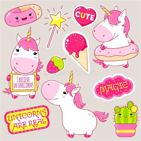 Set Of Cute Unicorns Stickers In Kawaii Style Stock Vector