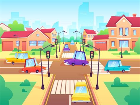 Free Vector Cartoon Illustration City Crossroad With Green Traffic