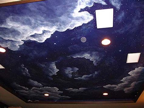 This one is a starry sky in acoustic stretch ceiling fabric (clipso) project in one of the residential home theaters done by av. CLOUD CEILING MURALS AND PAINTED PHRASES - Paradise Studios Luxury Interiors