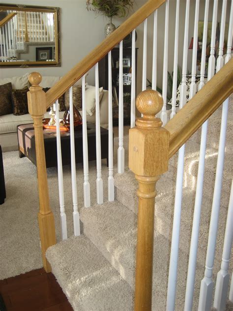The row of posts at the side of stairs and the wooden or metal bar on top of them: Chic on a Shoestring Decorating: How to Stain Stair ...