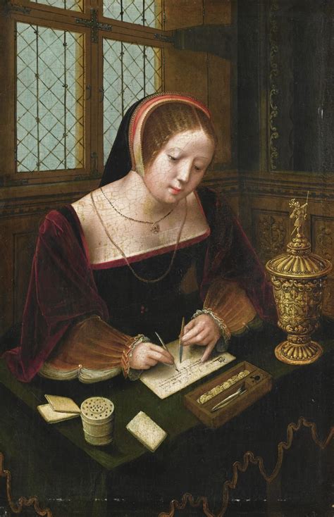 A Lady Writing At Her Desk Look At Paintings