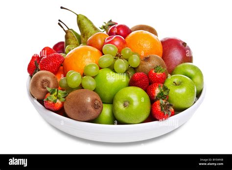 Photo Of A Bowl Of Fresh Fruit Isolated On A White Background Stock