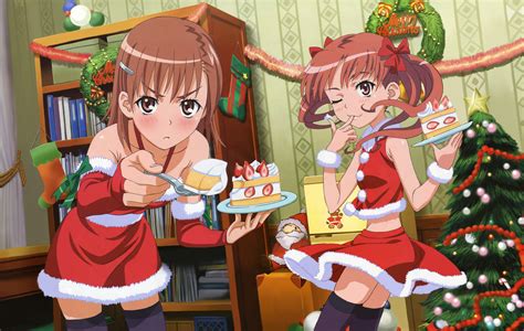 2girls Blush Book Bow Brown Hair Cake Christmas Doll Food Long Hair Misaka Mikoto Santa Costume