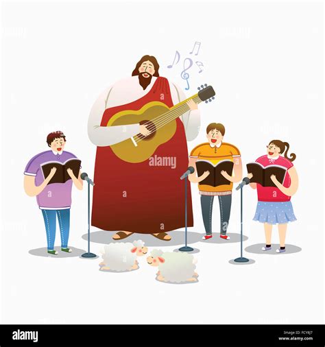 Jesus Christ Playing Guitar And People Singing Hymns Together Stock
