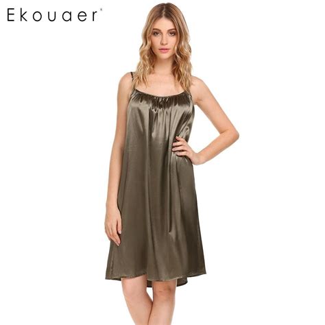 Ekouaer Women Casual Nightgowns Sleepwear Sleeveless Solid Ruched Nightdress Summer Loose Slip