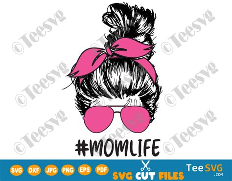 Mom Life Messy Bun SVG PNG Decal Messy Hair Mom Face With Bandana And