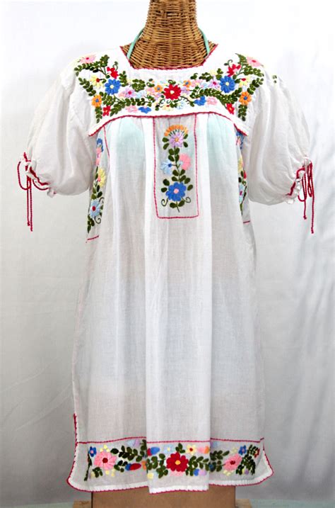 La Antigua Embroidered Mexican Style Peasant Dress White