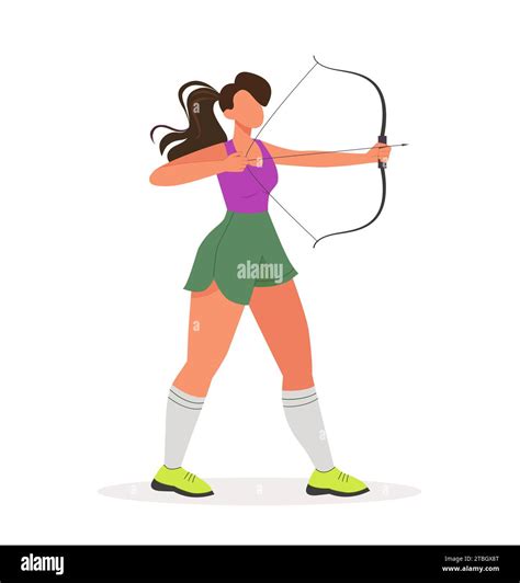 Female Archer With Bow And Arrow Aiming At Bullseye And Ready To Shoot