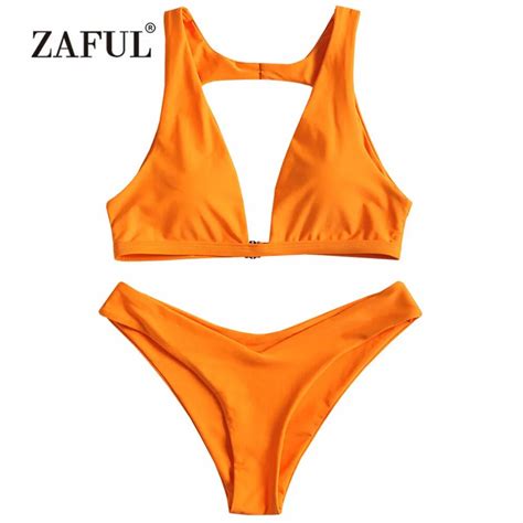 Zaful Cut Out V Shape Cheeky Bikini Set Swimwear Women High Leg Swimsuit Plunging Neck Padded