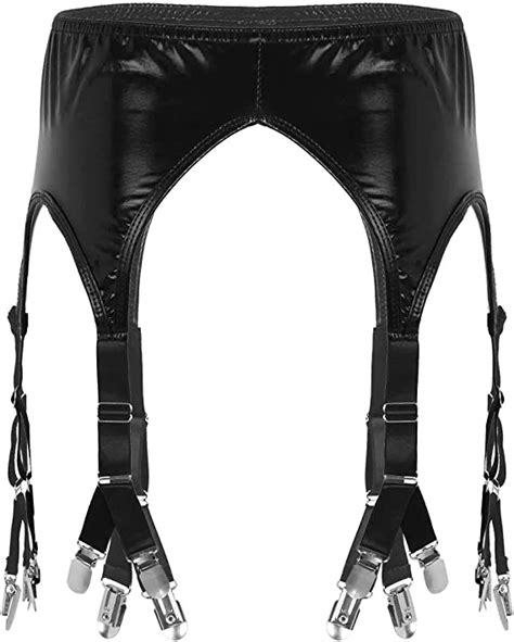 Iiniim Women Black Patent Leather 6 Wide Straps Metal Buckles Sexy Garter Belt For