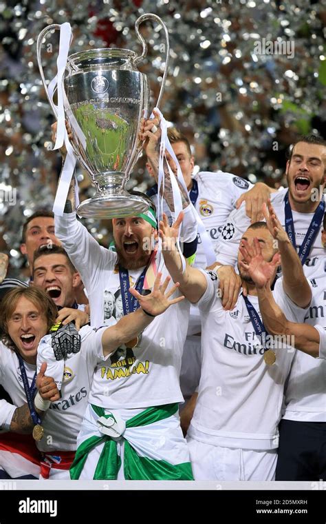 Real Madrids Sergio Ramos Lifts The Uefa Champions League Trophy After