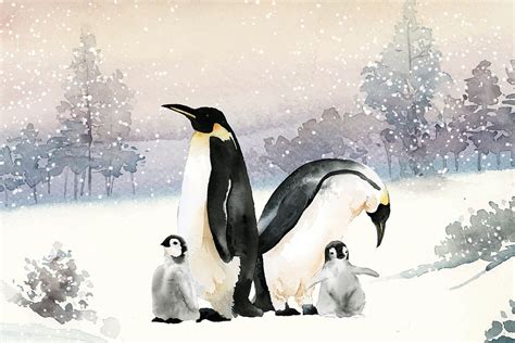 Penguins Winter Wonderland Watercolor Vector Premium Vector