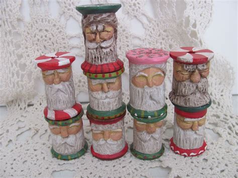 Antique Wooden Spools Carved Into Santa Claus Ornaments Wooden