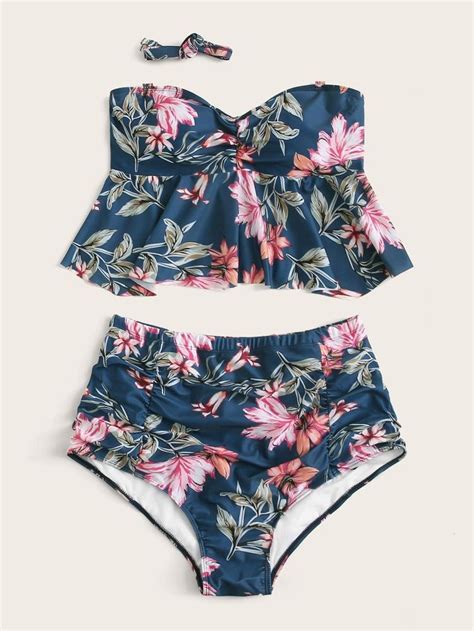 plus floral ruched bandeau high waisted bikini swimsuit shein usa plus size swimwear