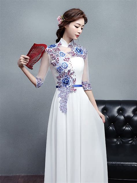 custom made white embroidered long qipao cheongsam dress cozyladywear