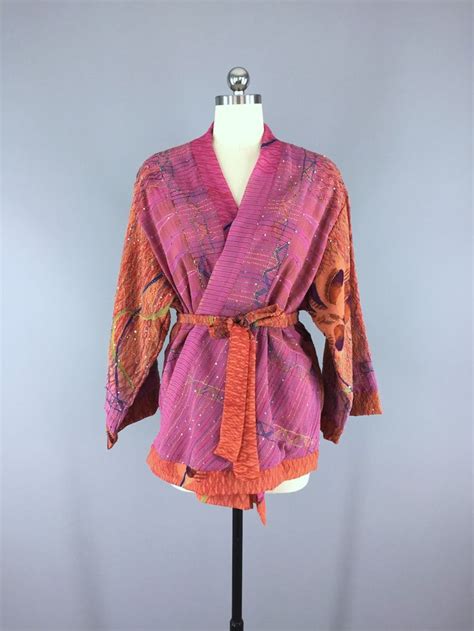 Silk Kimono Cardigan Vintage Indian Sari Bohemian Orange Pink Floral Embroidered Silk