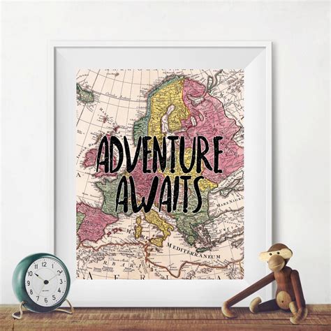 Adventure Awaits Vintage Map Wall Art Printable Digital World Etsy