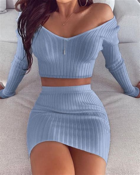 Solid Ribbed Crop Top And Skirt Sets Dresses Women Store Looks