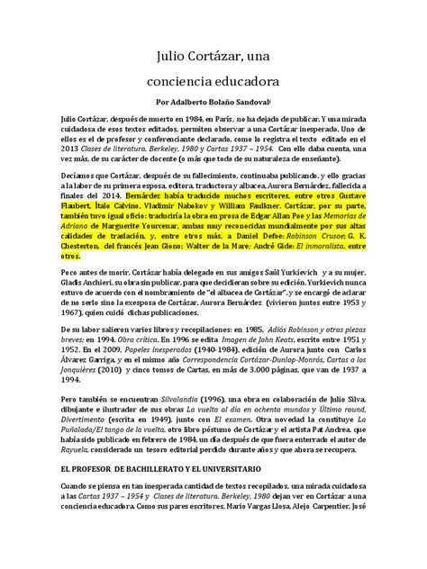 Julio Cortázar También Profesor Pdf Cuentos Educación Avanzada