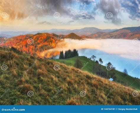 Autumn Sunrise In The Carpathian Mountains Foggy Morning Stock Image