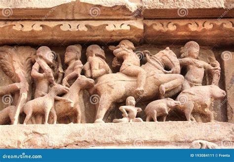 Famous Human And Animals Sculptures At Temple In Khajuraho India Stock